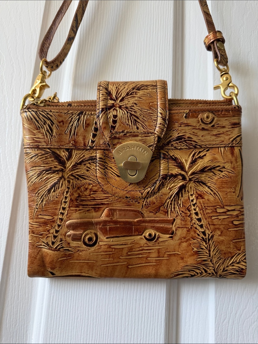 Brahmin Tan & Brown Embossed Palm Tree Crossbody Bag